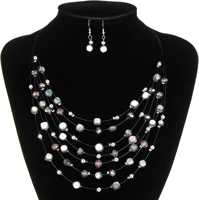 Errally Store Multi-Layer Boho Shell Beaded Necklace for Women Colorful Crystal Strand with Silver Beads Statement Collars Necklace and Earrings Costumes Jewelry Sets for Women - Image 4